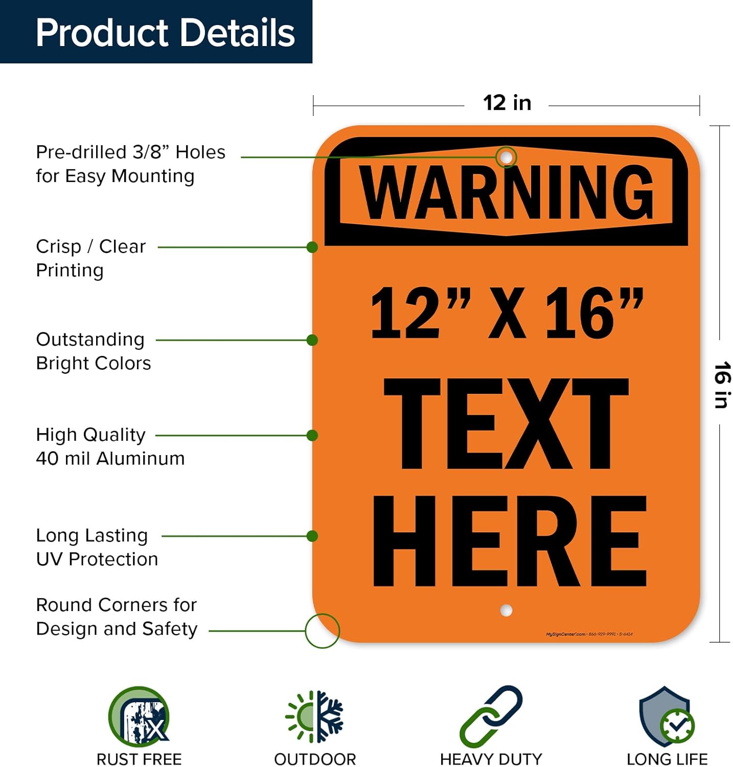 Custom Warning Sign, OSHA Sign, 12x16 Inches, Post Holes, Rust Free .040 Aluminum, Fade Resistant, Indoor/Outdoor Use, Made in USA by My Sign Center