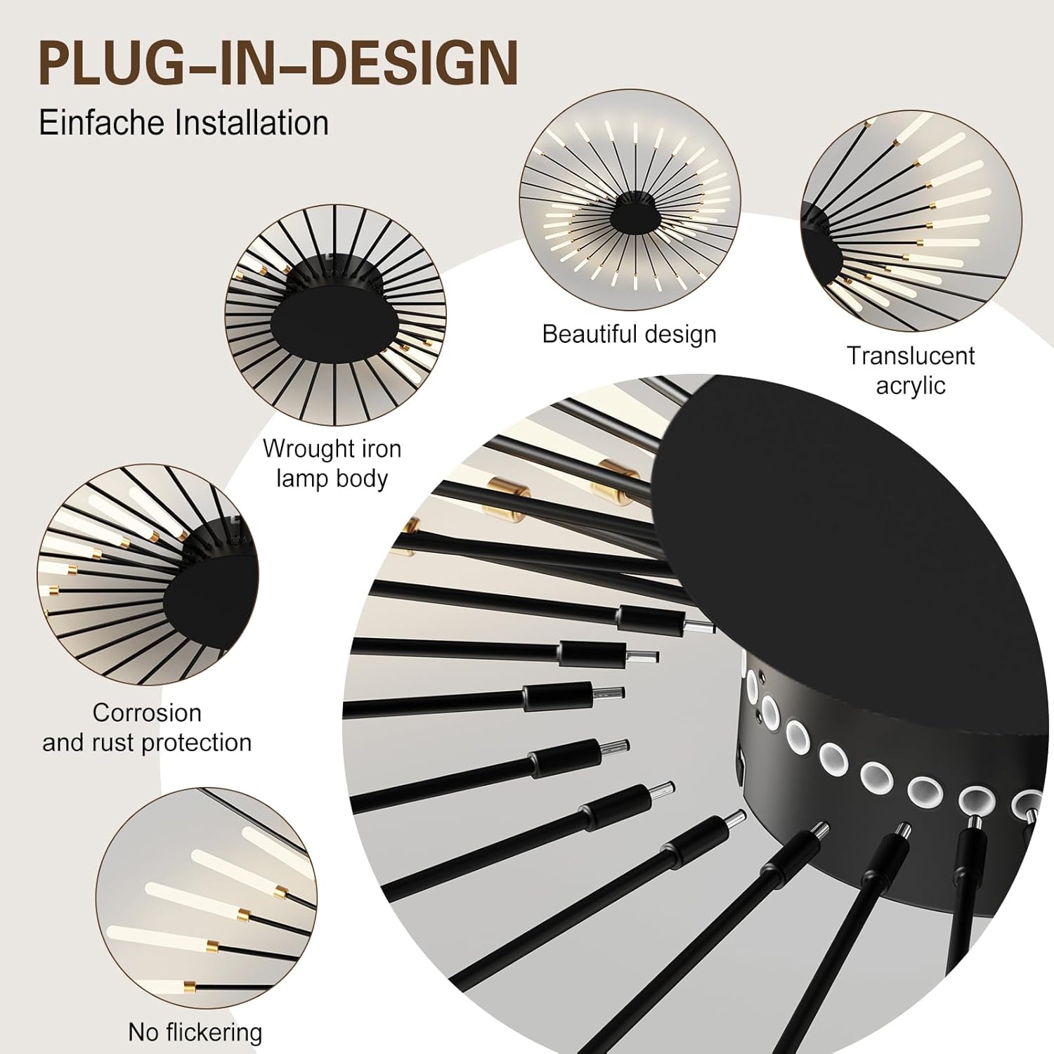 Modern Ceiling Light Flower Shape, Metal Firework Ceiling Lamp with Plug-in LED Source, Lighting Fixture for Living Room Dining Room Bedroom, Natural Light