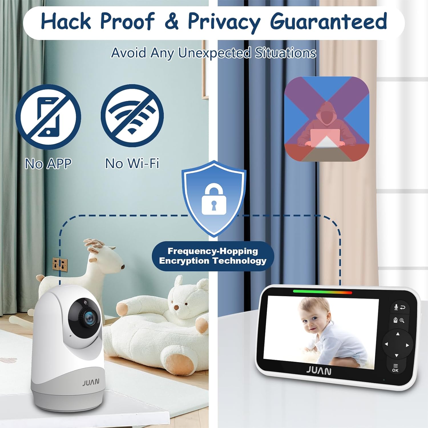 JUAN Baby Monitor with Camera and Audio, 5" LCD Screen, No WiFi 100% Private, 3500mAh Long Battery, 1000ft Range Connection, Remote Pan-Tilt-Zoom, Crystal Night Vision, 2-Way Talk for Newborn Infant