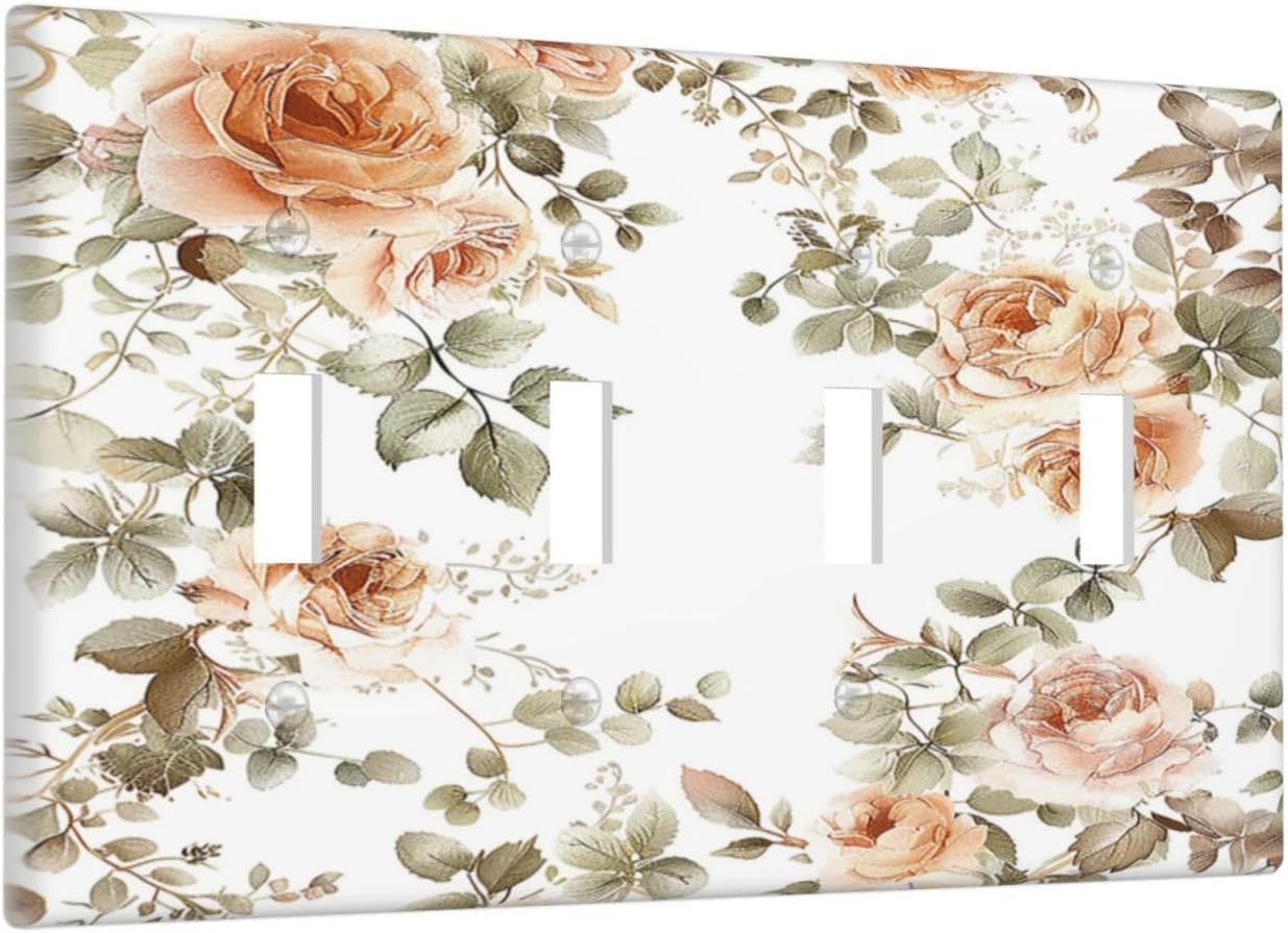 Light Switch Covers Vintage Warm Color Orange Flowers And Leaves Quad Toggle Electrical Faceplate 4 Gang Wall Plate Decorative Switch Plates for Bedroom living Room Decor