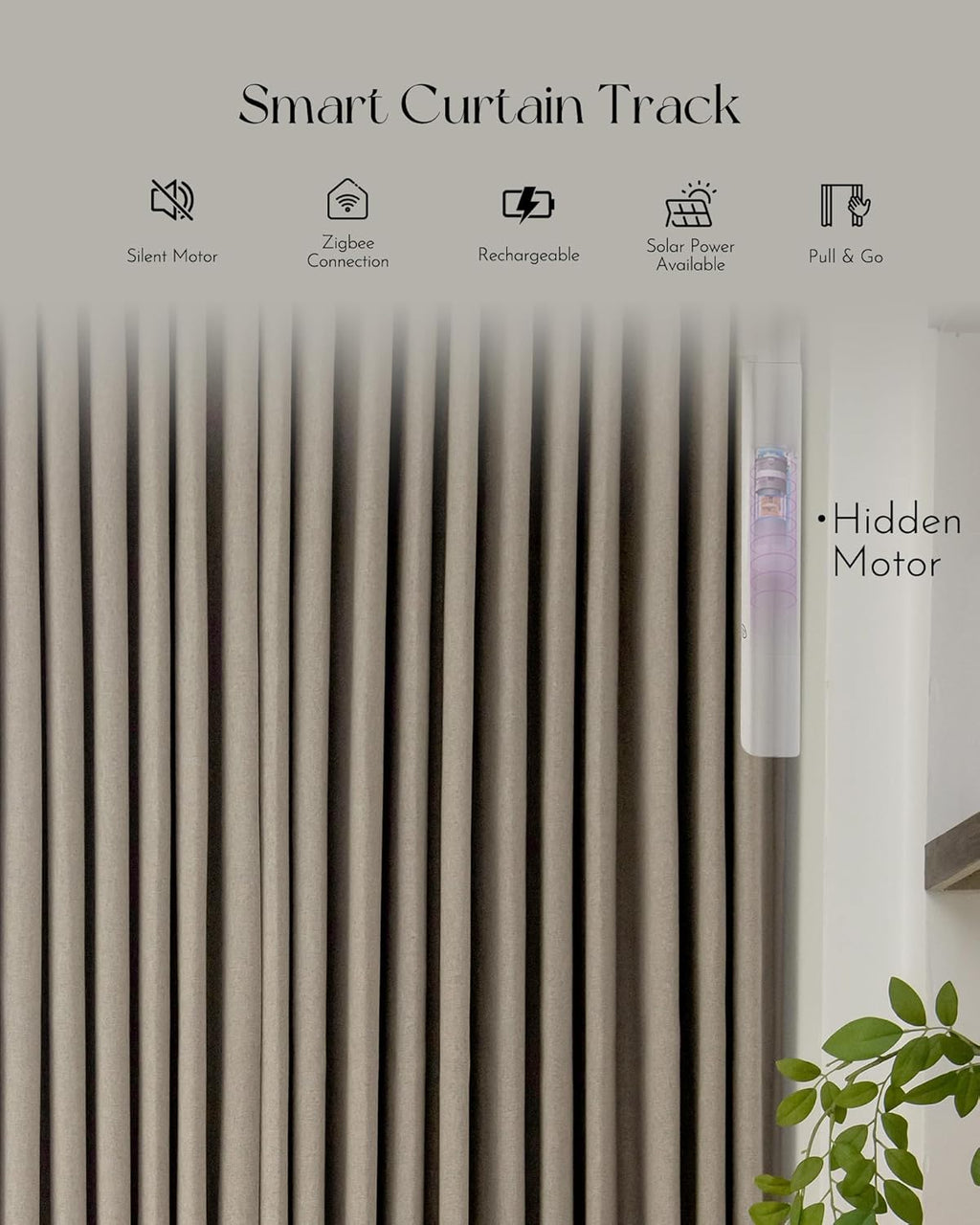 Graywind Rechargeable Smart Curtains Compatible with Alexa App Remote Control Motorized Drape for Sliding Door One-Way or Split Draw, Custom Width Up to 220" (Mocha Beige)