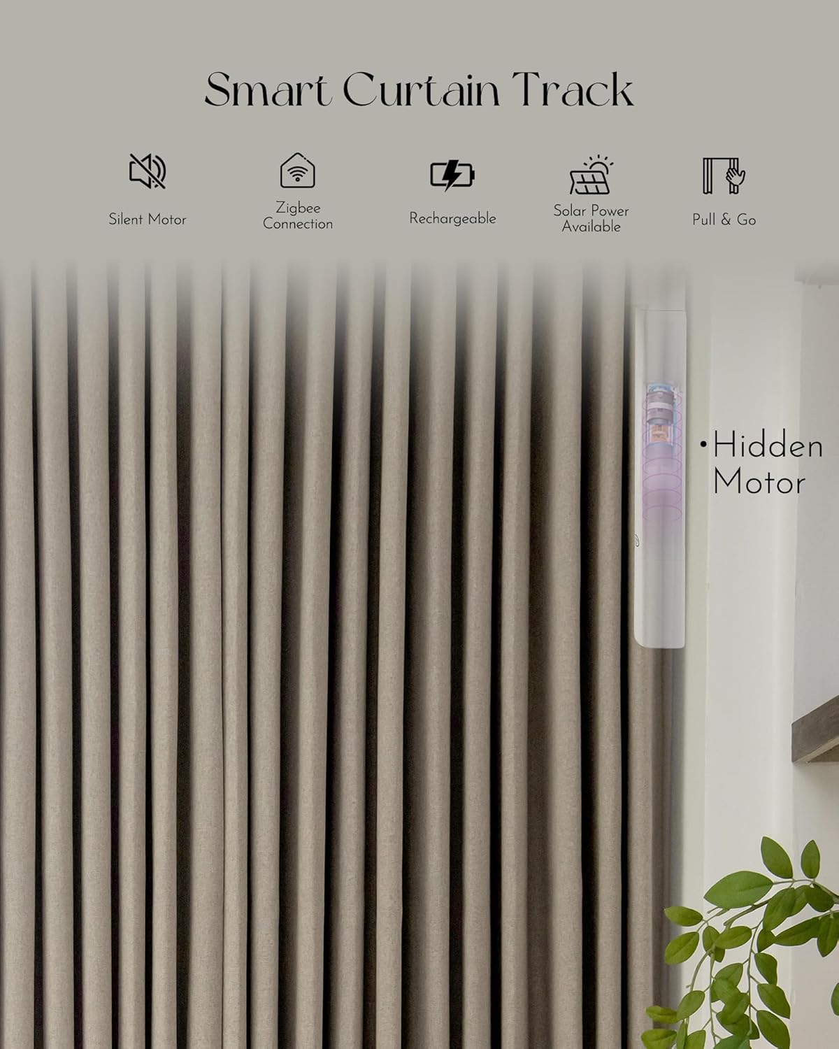 Graywind Rechargeable Smart Curtains Compatible with Alexa App Remote Control Motorized Drape for Sliding Door One-Way or Split Draw, Custom Width Up to 220" (Mocha Beige)