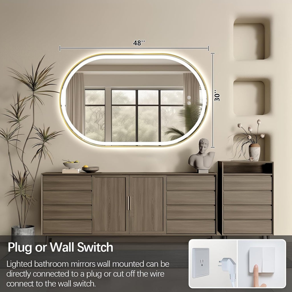 Niccy Oval LED Mirror for Bathroom, 48x30 Front Lit + Backlit Vanity Mirrors with Light Anti-Fog, Shatter-Proof, 3 Colors, Makeup Mirror with Old Gold Frame (Horizontal/Vertical)
