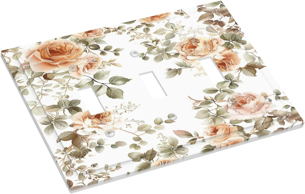 Decorative Switch Plates Vintage Warm Color Orange Flowers And Leaves 3 Gang Wall Plate Triple Toggle Light Switch Cover Faceplate Electrical Wall Panels for Bedroom living Room Decor