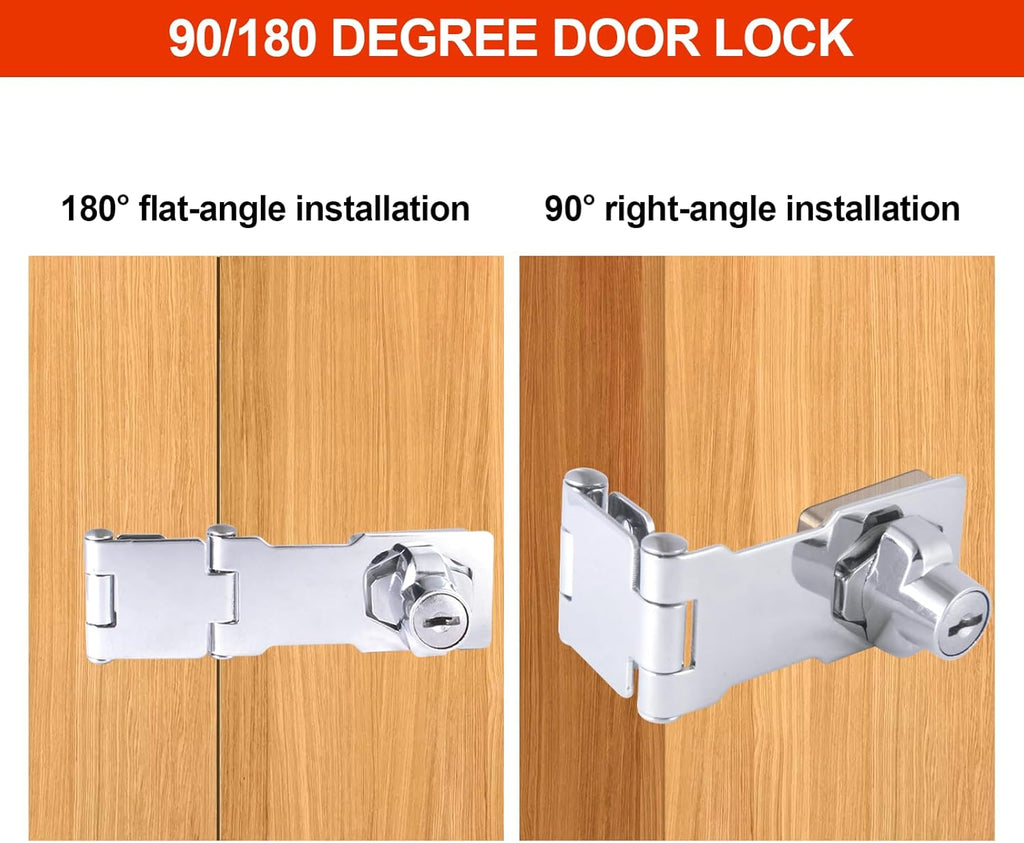 KIBBEH 2 Pack Door Lock Hasp Latchs, Collapsible Solid 304 Stainless Steel File Cabinet Lock Desk Drawer Lock, for 90 Degree and 180 Degree Drawers, Dabinets, Doors, Flip Barn Door (Universal Key)