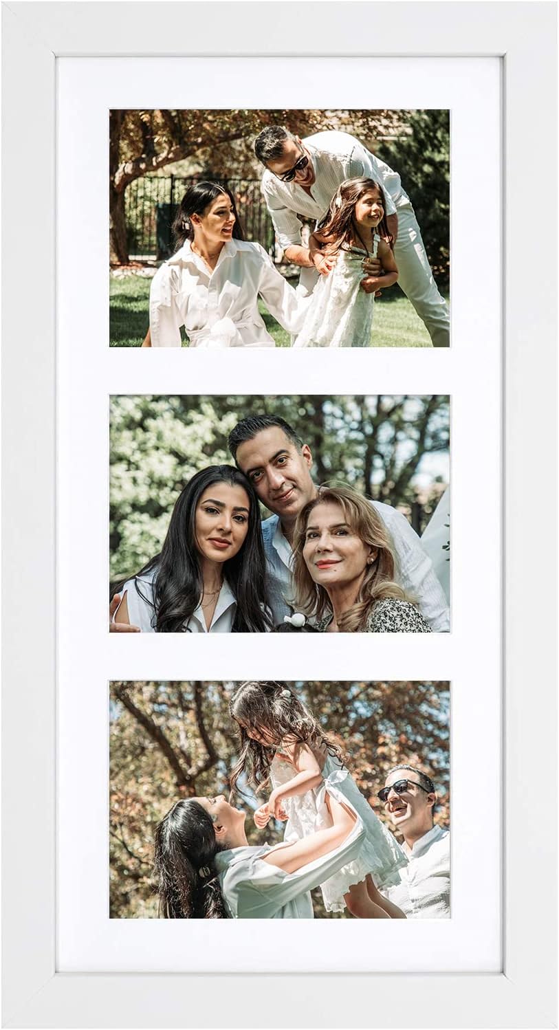 Golden State Art, Set of 3, 9x18 White Wood Frame - White Mat for Three 5x7 Pictures - Sawtooth Hangers- Swivel Tabs - Wall Mounting - Landscape/Portrait - Real Glass - Collage Frame