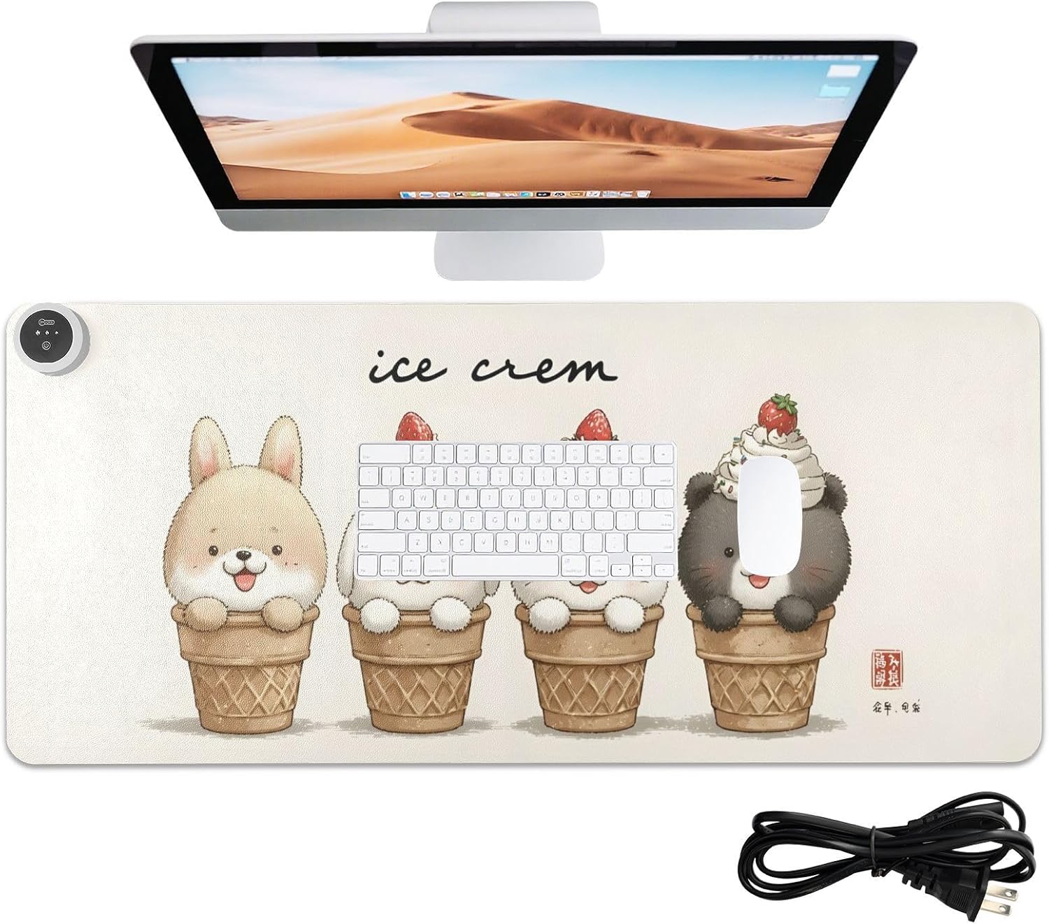 Large Heated Mouse Pad,Leather Desk Mat,31.5"x13",Hand Warmer Pads for Desk,Bunny（Off-White）