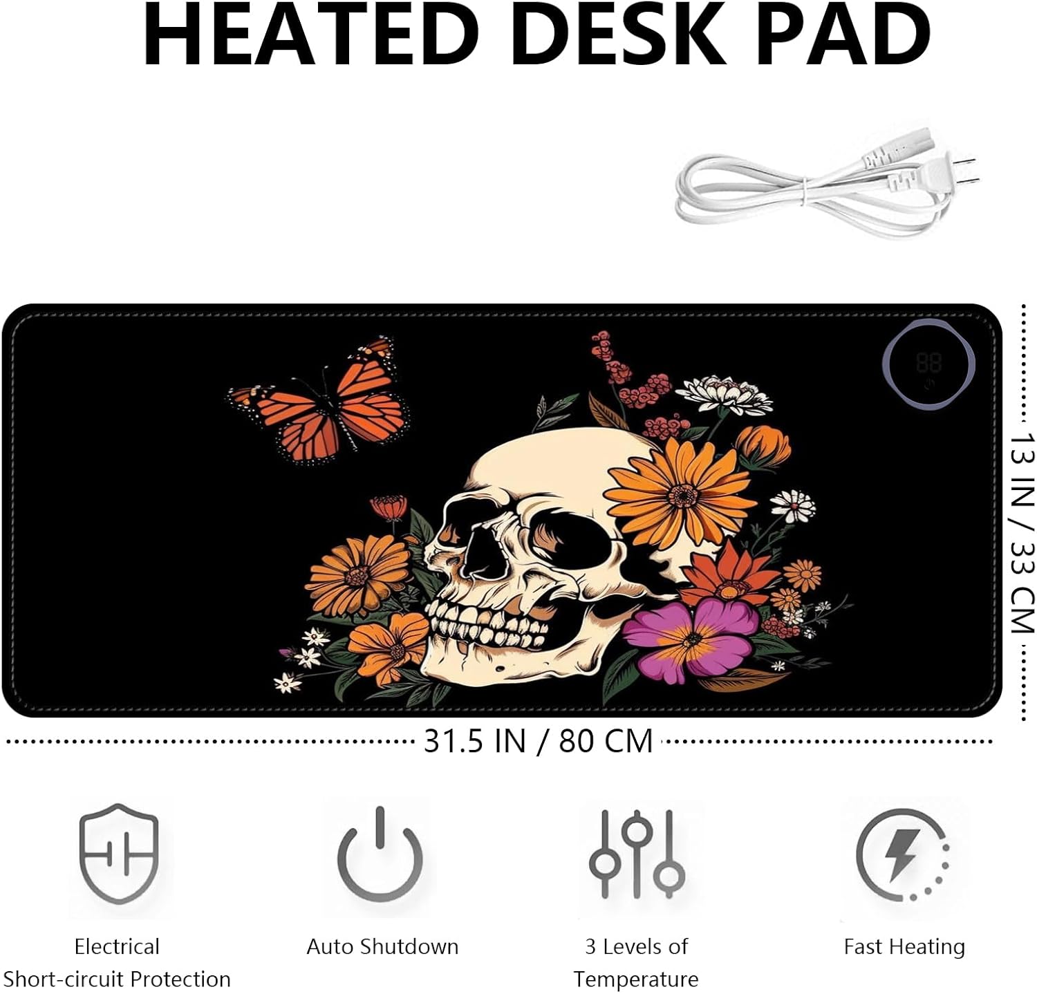 Heated Mouse Pad with 3 Levels Heated & 3 Hours Auto Shut-Off Mouse Pad for Warming Hands in Office Home, 31.5" x 13"Large Safe Desk Mat Hand Warmer，Art Skull