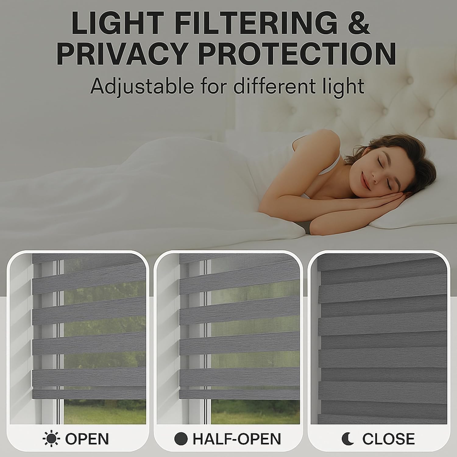 Shadesu Custom Size Zebra Blinds for Windows, 74" W x 72 H, Grey, Dual Layer Free-Stop Zebra Shades, Light Control for Day and Night, Sheer Blinds for Indoor Windows, Bedroom, Kitchen
