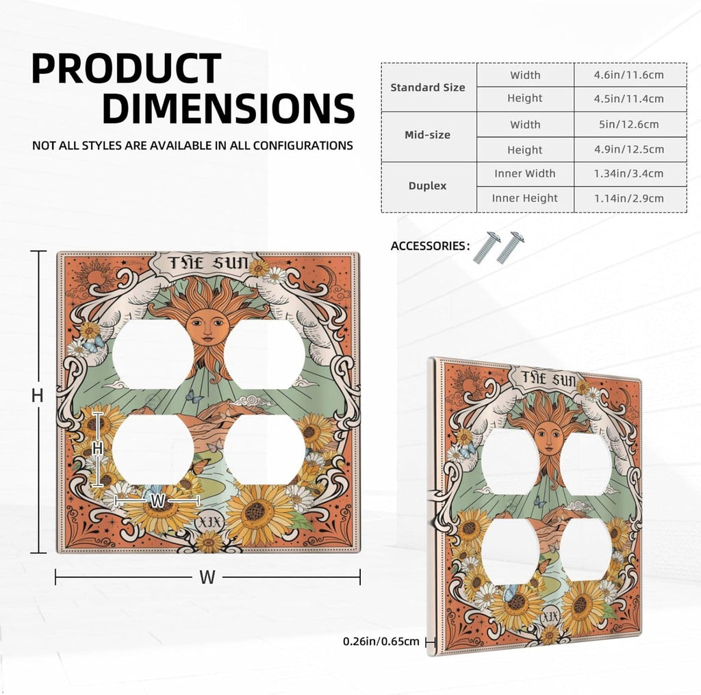 Boho Retro Sun Sunflower Vintage Flower Butterfly Outlet Covers 2 Gang Double Duplex Decorative Light Switch Covers Electrical Wallplates Socket Faceplate for Farmhouse Home Decor