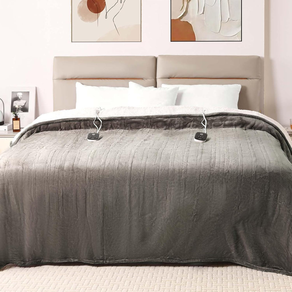 Bearhug Electric Heated Blanket Heating Blanket Queen Size 84"x 90" Warm Throw Gift Dual Controllers Velvet & Sherpa, 10 Levels & 0.5-12H Auto Off, Over-Heat Protect, ETL, Machine Washable