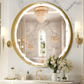 Gold Round Mirror 32 Inch, Metal Framed Frontlit Bathroom Mirror, Circle Mirrors for Wall, Led Light Mirror with Anti-Fog, Memory Function, 3 Color Temperature, Makeup Mirrors Dimmable