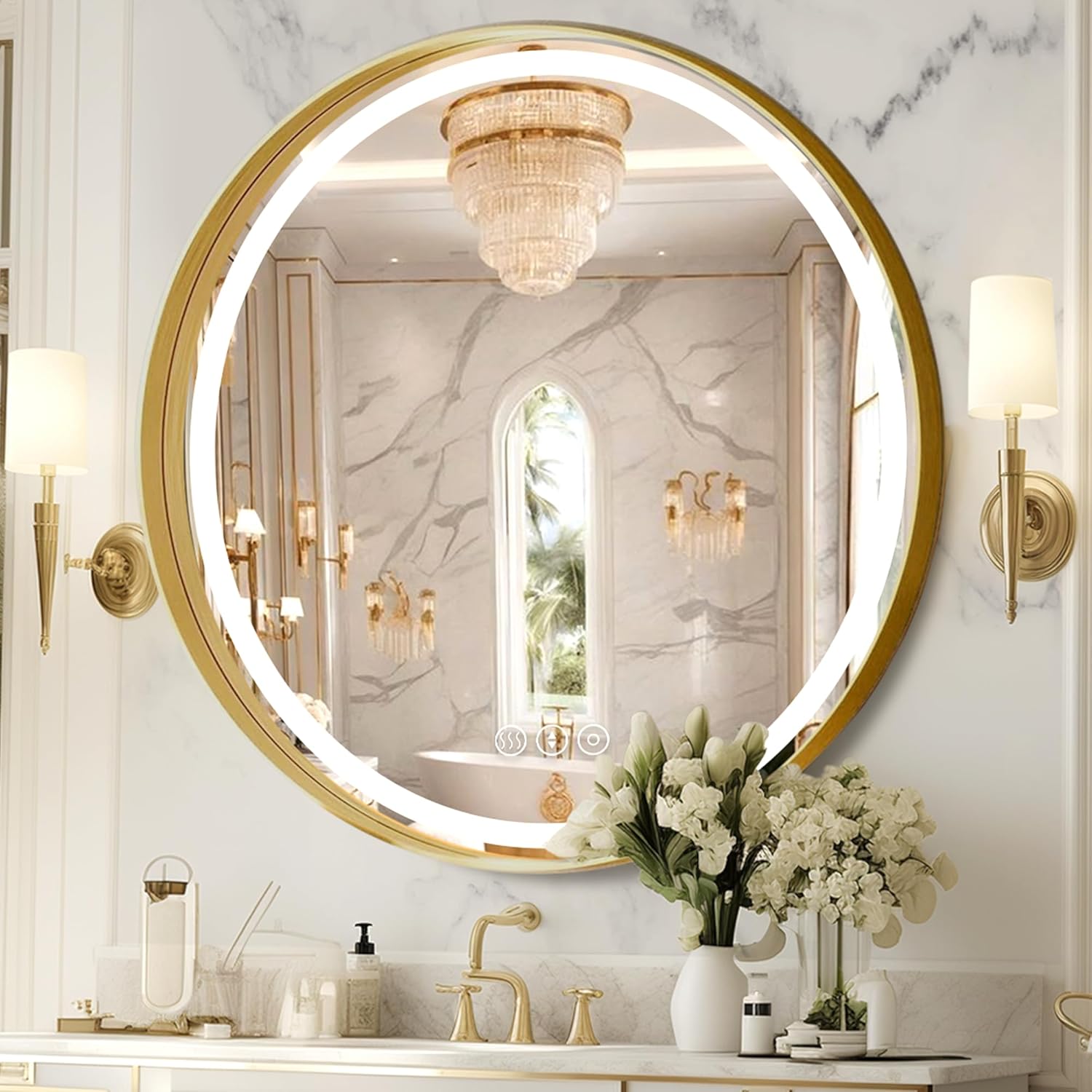 Gold Round Mirror 32 Inch, Metal Framed Frontlit Bathroom Mirror, Circle Mirrors for Wall, Led Light Mirror with Anti-Fog, Memory Function, 3 Color Temperature, Makeup Mirrors Dimmable