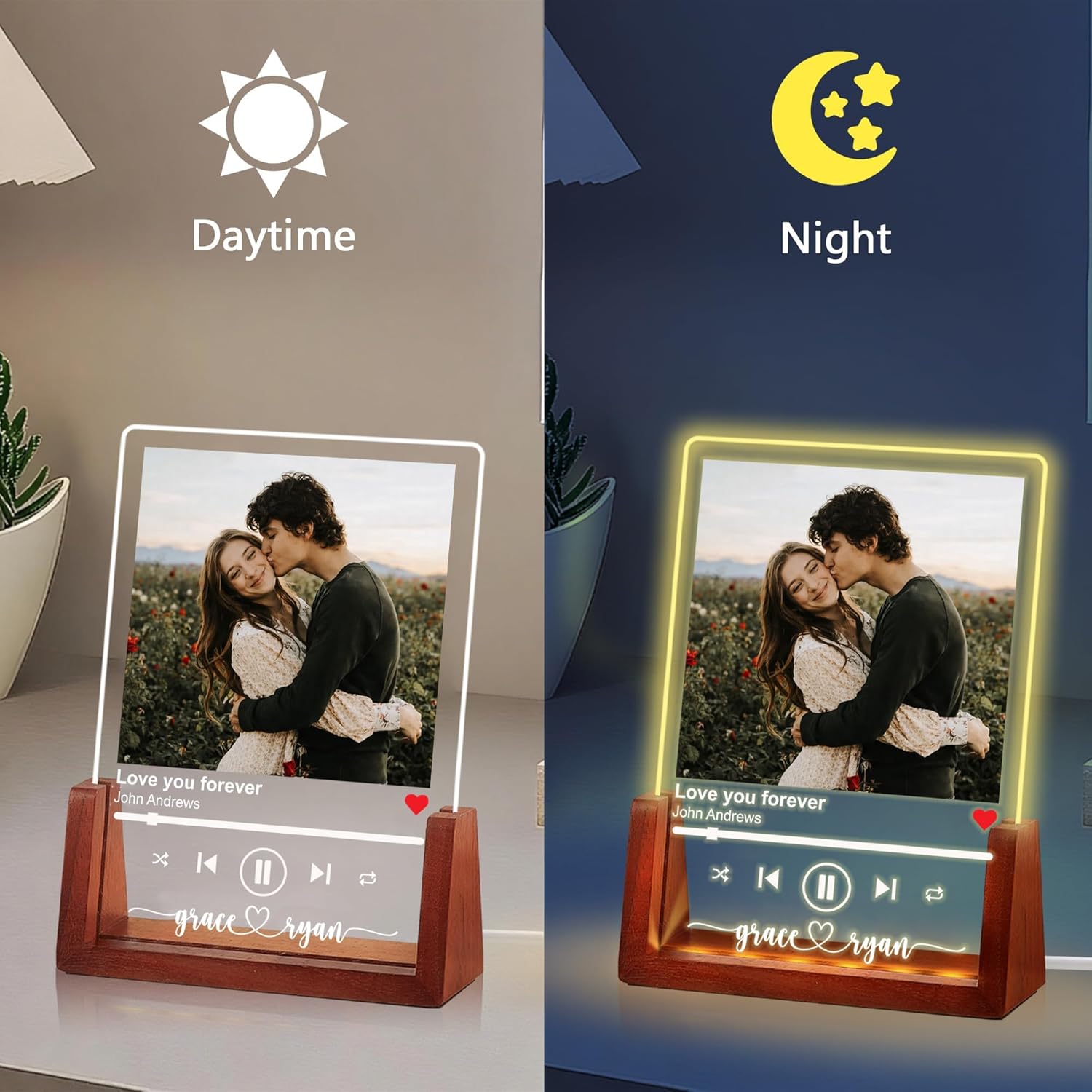 NAZENTI Personalized Couple Photo Frame with Light, Custom Picture Plaque with Stand, Couple Music Song Night Light, Gift for Him, Valentine Day Gifts for Girlfriend Boyfriend