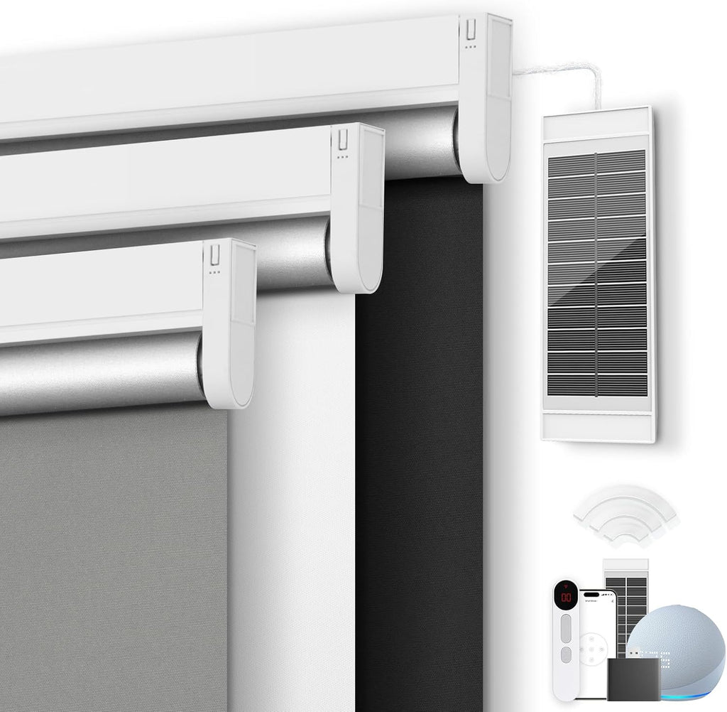 Motorized Roller Blinds with Remote Control & Solar Panel - 100% Blackout Smart Blinds, Automatic, Cordless, Electric Shades - Compatible with Alexa - Grey, 34¼" W x 72" H