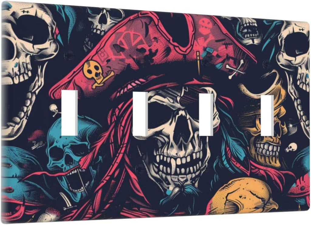 Light Switch Covers Pirate Colourful Skeleton Red Hat Quad Toggle Electrical Faceplate 4 Gang Wall Plate Decorative Switch Plates For Farmhouse Cabin Decor