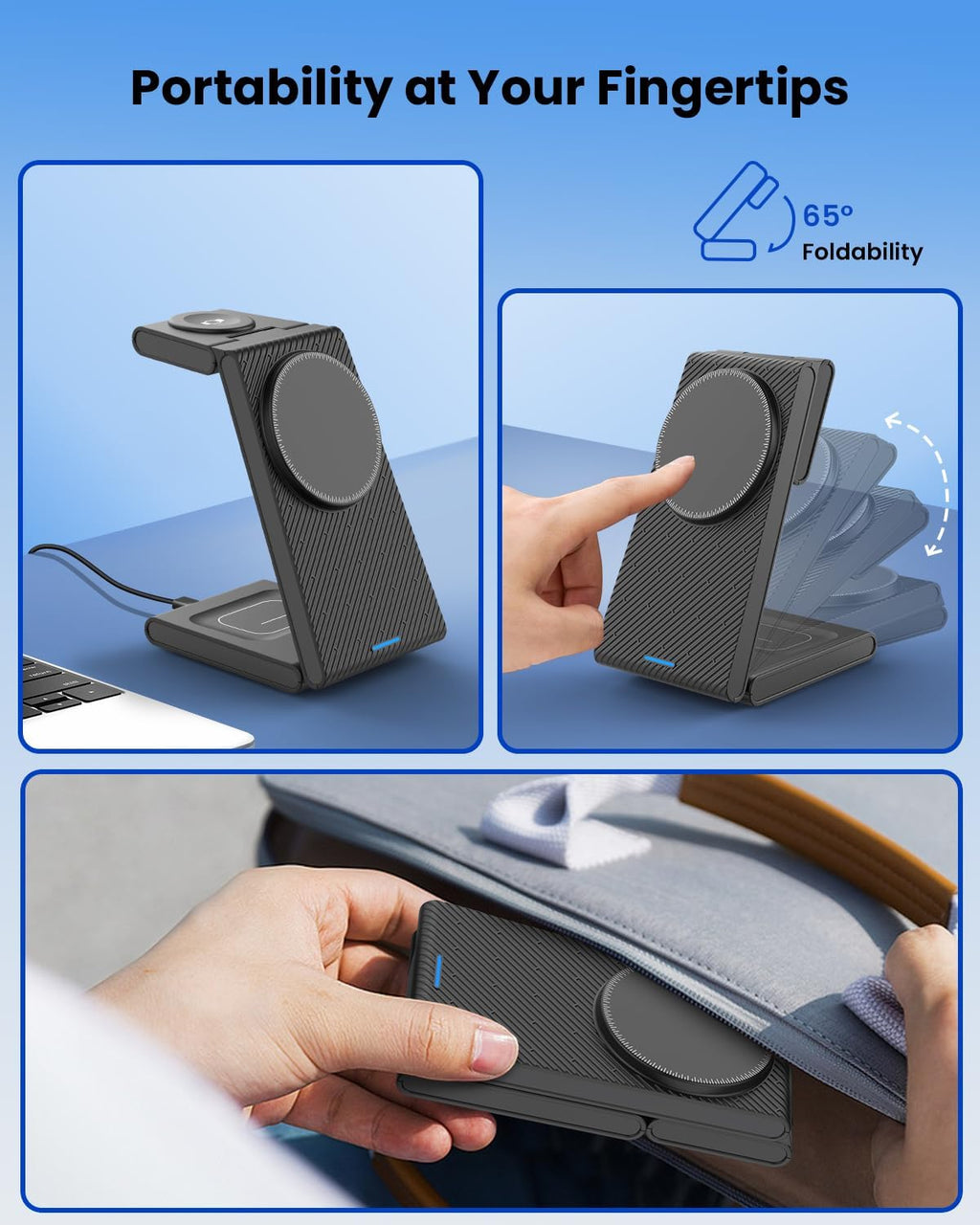3 in 1 Wireless Charging Station, Foldable Magnetic Wireless Charger Stand for Multiple Devices, Wireless Charger for iPhone 16/15/14/13/12, Apple Watch 9/8/7/6/SE/5/4/3/2, AirPods 3/2/Pro