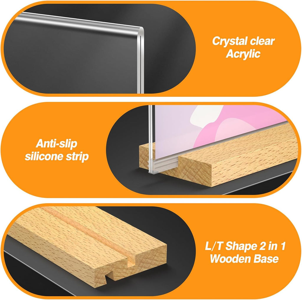 8.5 x 11 Acrylic Sign Holder with Wood Base - Tabletop Display Menu Stand - Clear Plastic L/T Shape Vertical or Slant Back Paper Holders - 6 pack