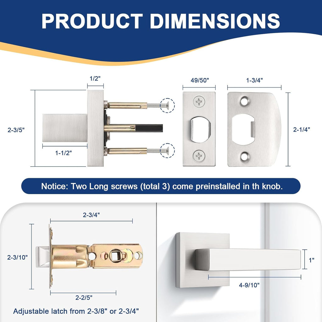 KNOBWELL 20 Pack Heavy Duty Square Door Handle Brushed Nickel Lever Door Handle Closet Hallway Bulk Passage Door Knobs(No Lock)