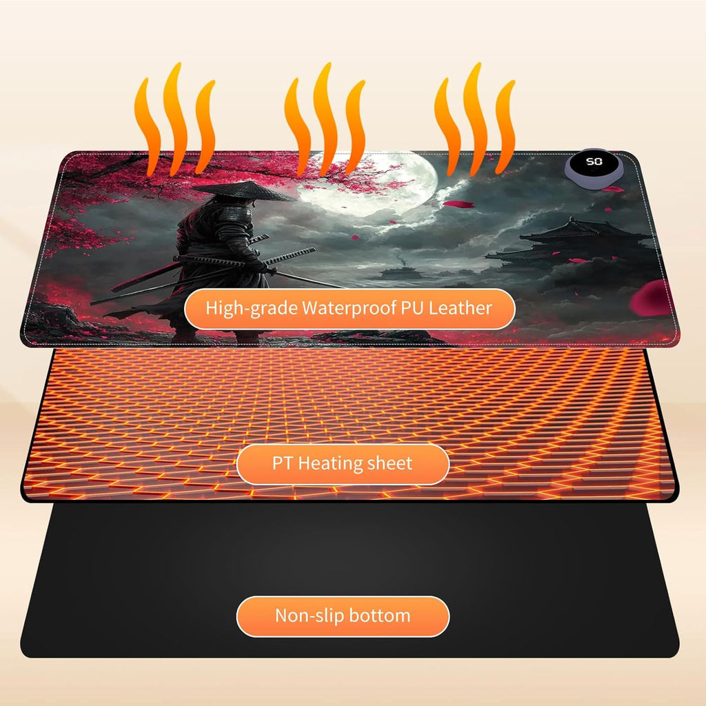 Small Heated Desk Pad 23.6" x 14.2" – Compact Electric Mouse Pad with 3 Heating Levels, Auto Shut-Off, Waterproof PU Surface, Plug-in Warmer for Office or Home Use, Samurai