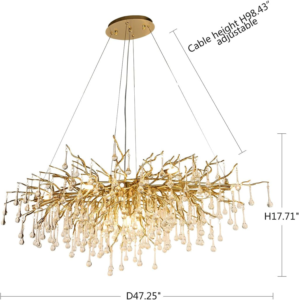 Modern Crystal Rectangular Chandelier for Dining Room, 47.24inch Gold Branch Lighting Raindrop Large Kitchen Island Hanging Light Fixture for High Ceiling Living Room Bedroom Foyer
