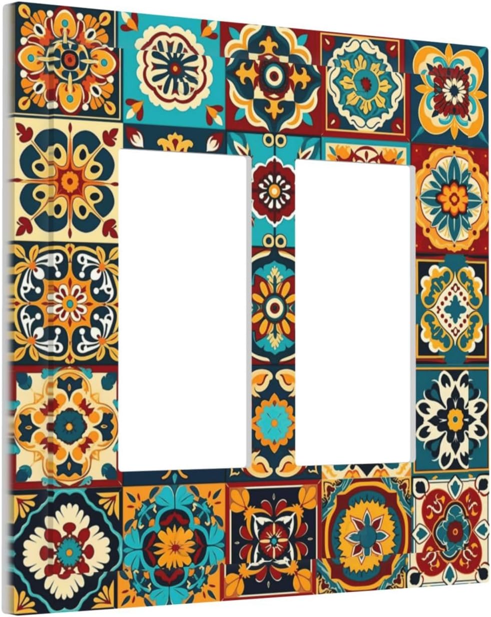 Mexican Talavera Ceramic Tile Moroccan Boho Decorative Outlet Covers 2 Gang Double GFCI Rocker Electrical Wall Panels Light Switch Cover Plate for Bathroom Kitchen Decor
