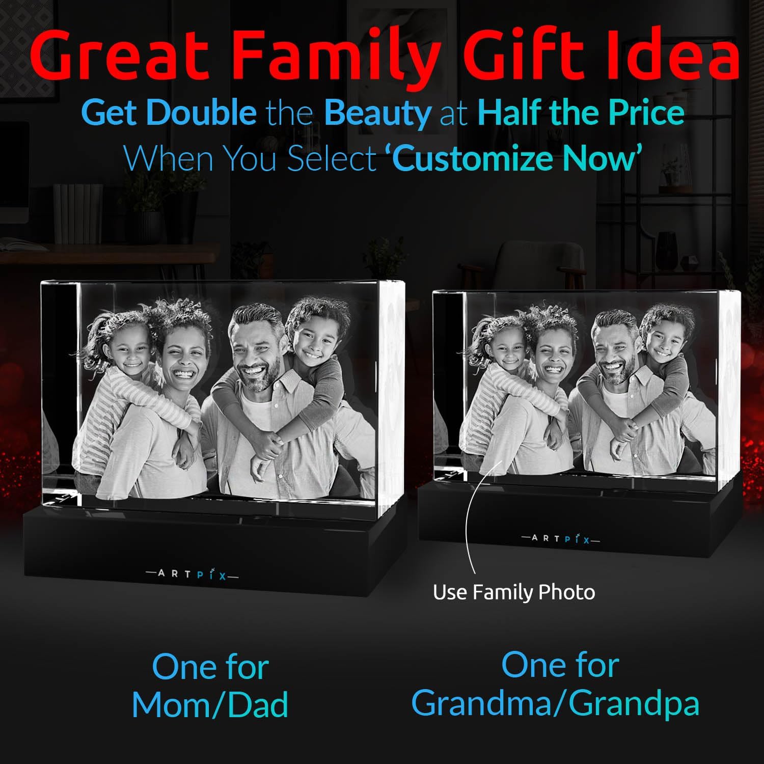 ArtPix 3D Premium Crystal Photo, Christmas Personalized Gifts for Women, Wife, Her, Him, Men, Husband, Grandma, Great Xmas Customized Gift With Your Own Photo, Custom Glass 3D Laser Etched Picture