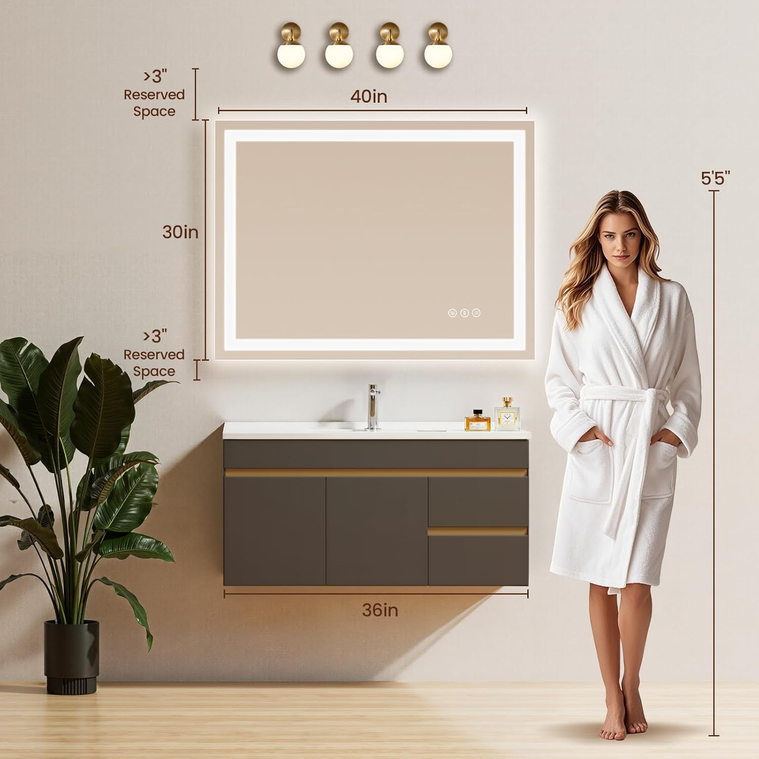 40X30 LED Bathroom Mirror with Lights, Anti-Fog, Backlit + Front Lit, Lighted Bathroom Vanity Mirror for Wall, Memory Function, Dimmable, Tempered Glass, Shatter-Proof