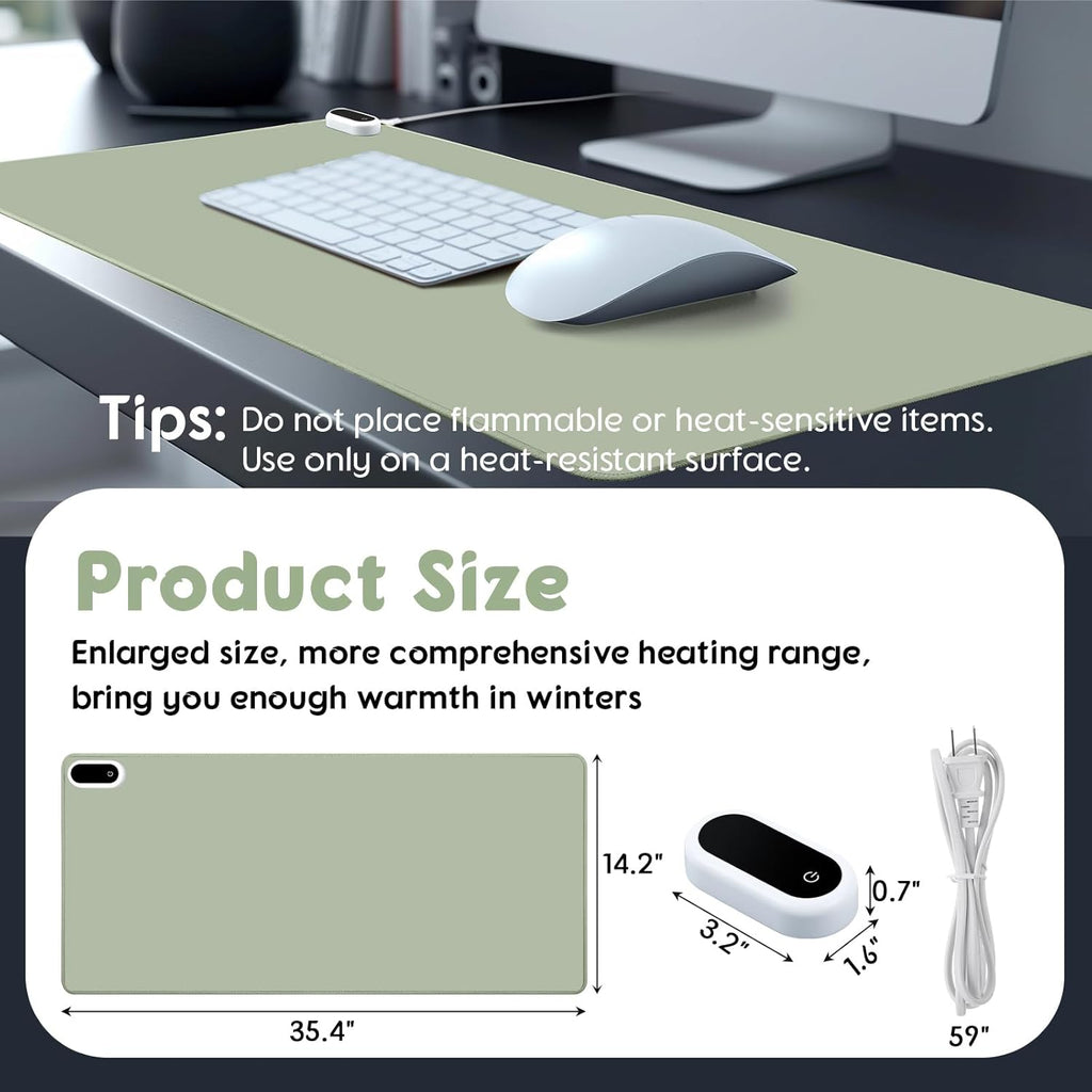 Konohan Heated Large Desk Mat PU Leather Warm Mouse Pad with 5 Heating Level & 4 Hour Auto Shut-Off Heating Keyboard Pad Warmer Gaming Mice Mat Only Supports 110v(Gray-Green Color,35.4"x 14.2")