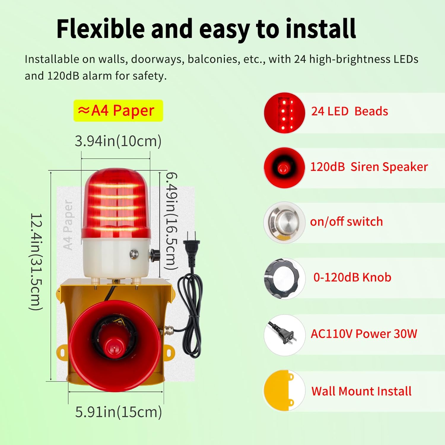 AC110V Industrial Siren Alarm Strobe Light-120dB Loud Horn&Waterproof Red Beacon Warning Light for Emergency,Factory,Fires,Tornado,Intruder Deterrent (with Switch&Volume – Adjustable 0–120dB)