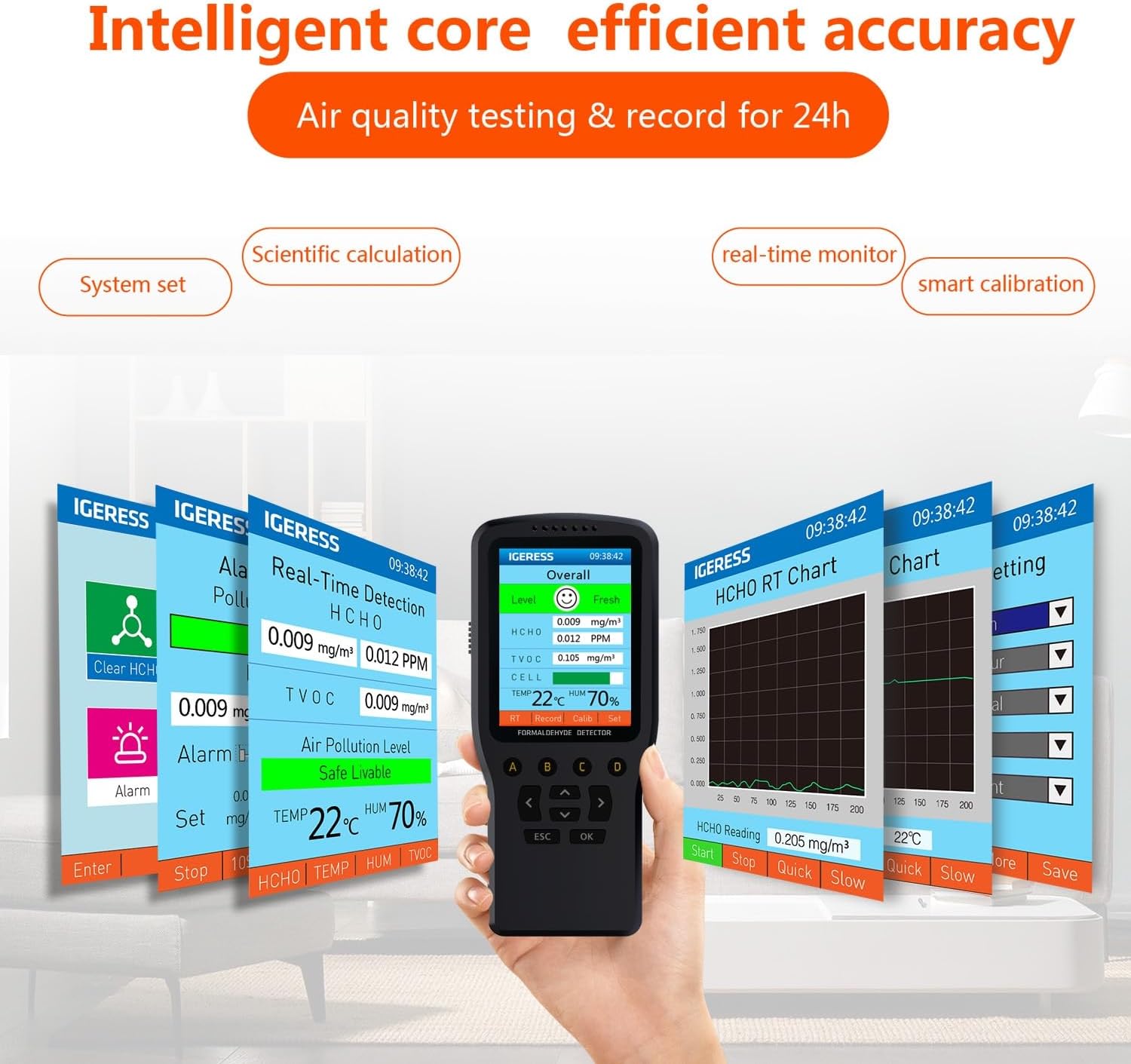 Air Quality Monitor Indoor, 8 in 1 Formaldehyde Detector, voc Meter, Detect Indoor HCHO,TVOC,AQI,PM2.5,PM10,PM1.0,Temperature and Humidity Tester. Colorful LCD Screen & USB Charging