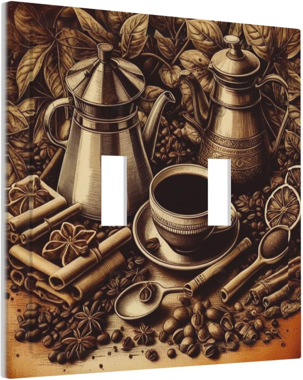 Decorative Light Switch Cover Plate Vintage Coffee Beans Leaf Cup 2 Gang Wall Plate Oversized Double Toggle Two Switch Wall Cover Plate Dual Device Faceplate