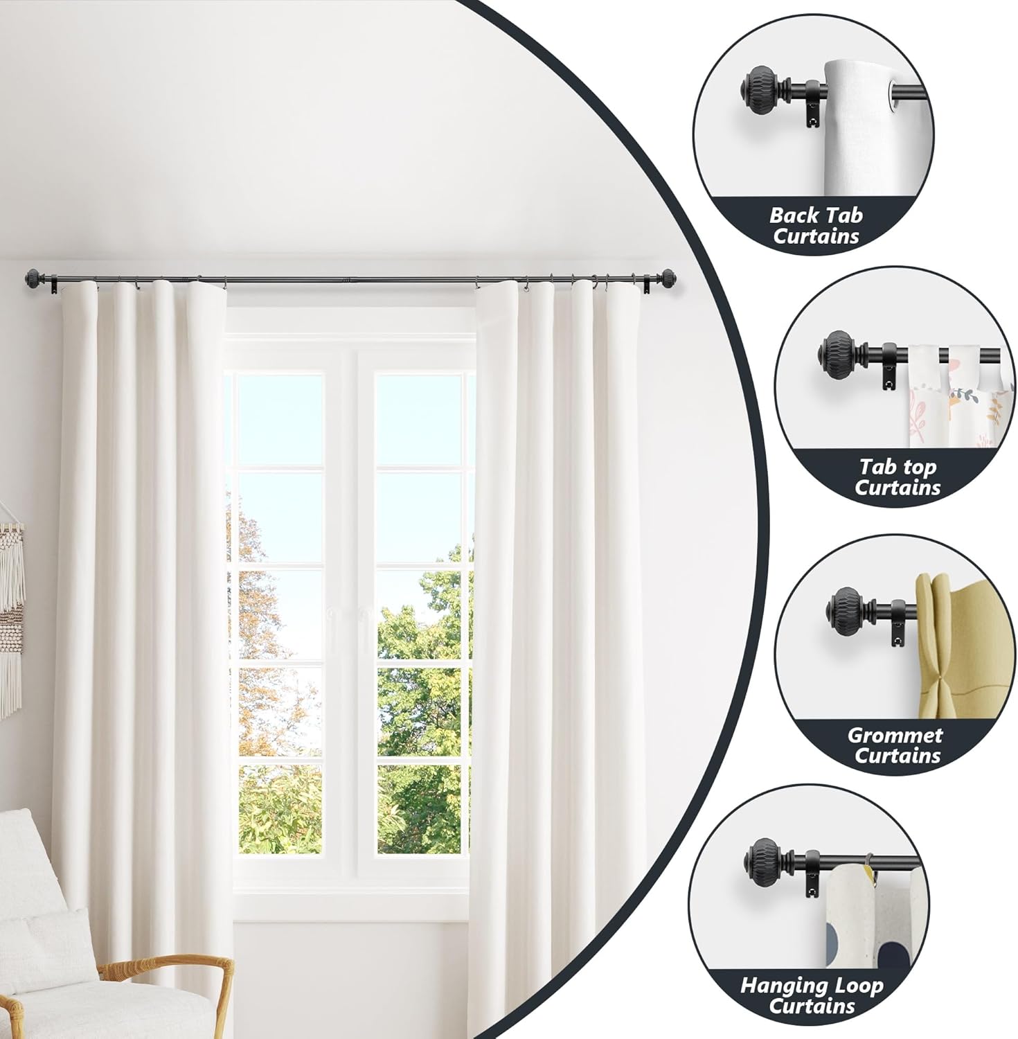 Black Curtain Rods for Windows 28 to 48 Inches 6/8 Inch Adjustable Heavy Duty Curtain Rods with Lantern Ball Finials,Window Treatment Single Curtain Rod Set