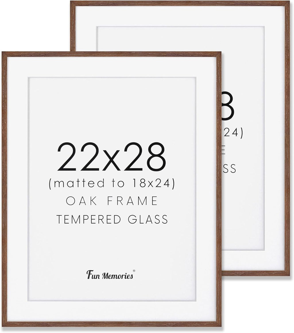 Fun Memories Oak Wood Picture Frame 22x28, 22 x 28 Poster Frame for Wall, 22"x28" Wood Frames Photo Frames in Walnut, Tempered Real Glass, 22x28 Frame with Mat for 18x24 (Walnut, 2 Pack)