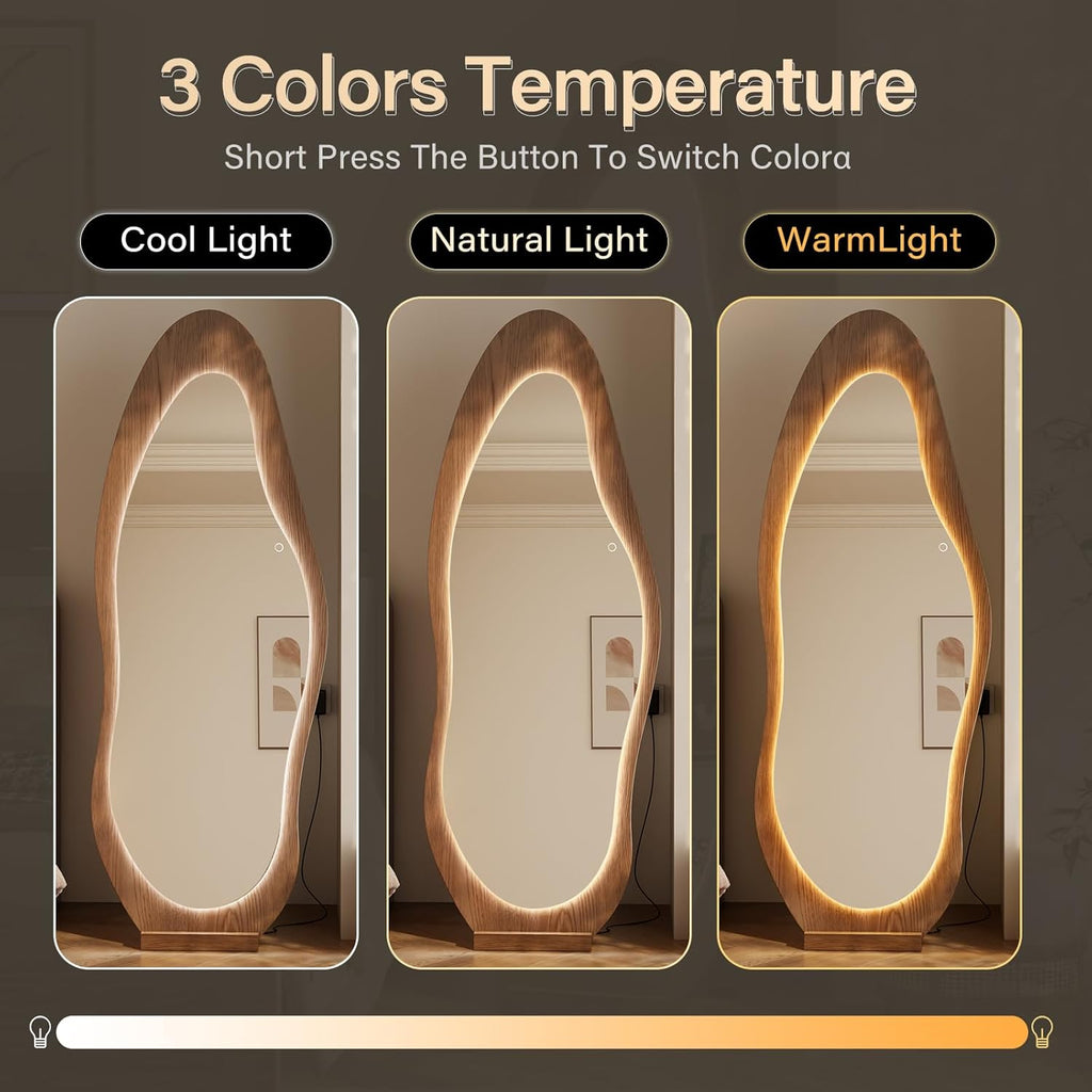 WoodsWhisper 69"x 24" Wavy Mirror Full Length,Lights Irregular led Full Length Mirror, Wavy Wall Mirrors,Shatter-Proof Hanging or Leaning Against Wall for Cloakroom/Bedroom/Living Room,Walnut