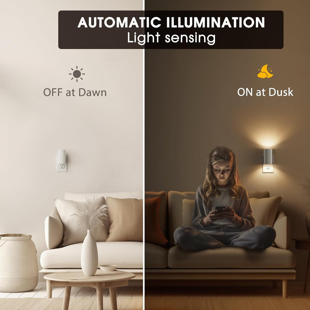 Briignite Night Lights Plug into Wall, Modern LED Night Light Plug in, Dusk to Dawn Sensor, Soft White 3000K, 0-100LM Adjustable Brightness, Dimmable NightLight for Hallway, Bedroom, Stairway, 4 Pack
