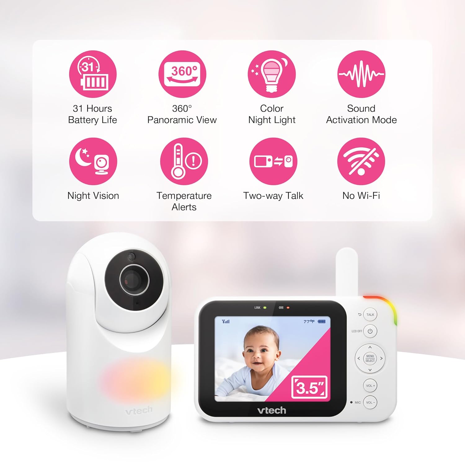 VTech Video Baby Monitor with Camera and Audio, 3.5" LCD Screen, Pan-Tilt-Zoom, 2-Way Talk, VOX Mode, Night Light, Lullabies, Soothing Sounds, Temperature Sensor, Long Range, No WiFi: VM4263 (White)
