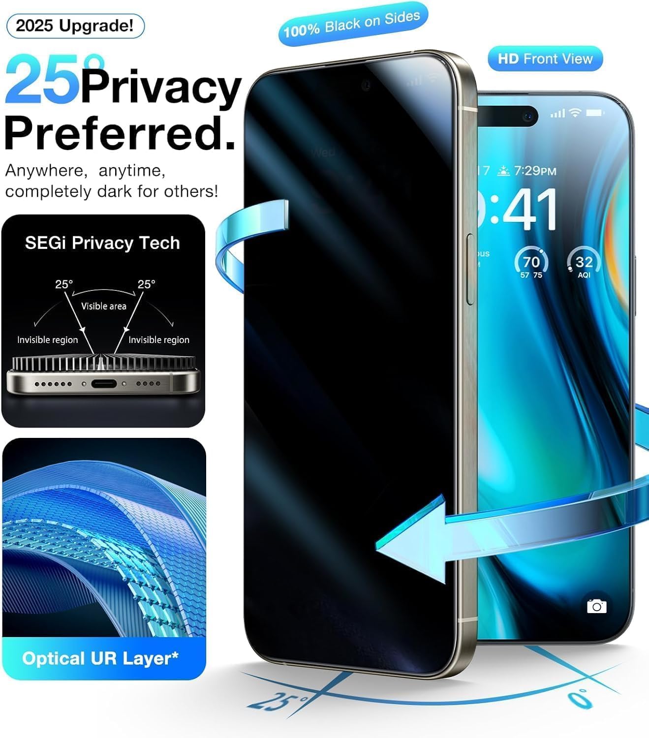 3 Pack for iPhone 17 Privacy Full Screen Protector +2 Camera Lens Protector 9H+ Tempered Cover Glass Military Grade Shatterproof Anti Spy Auto Installation kit