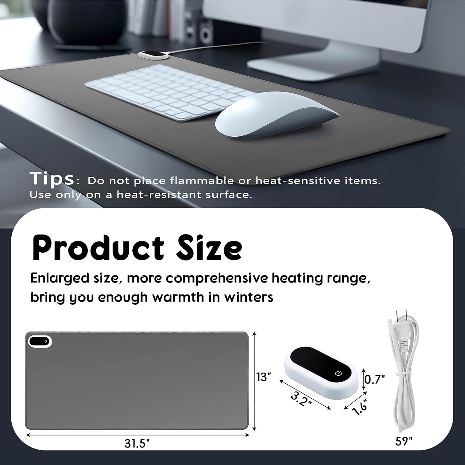 Konohan Heated Large Desk Mat PU Leather Warm Mouse Pad with 5 Heating Level & 4 Hour Auto Shut-Off Heating Keyboard Pad Warmer Gaming Mice Mat Only Supports 110v(Gray Color,31.5" X 13")