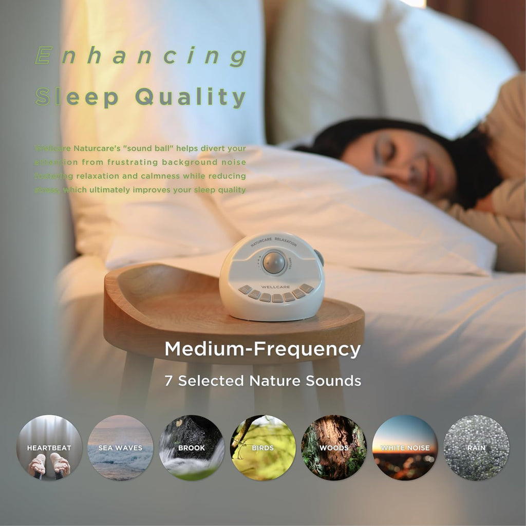 WELLCARE-Naturcare Sound Relaxation, White Noise, 7 Nature Sounds, Sleep Sound Machine, Calm Infants, for Baby, Kids, Adult. Stepless Volume, Timer, Powered by Adapter or Batteries(Both Not Incl.)