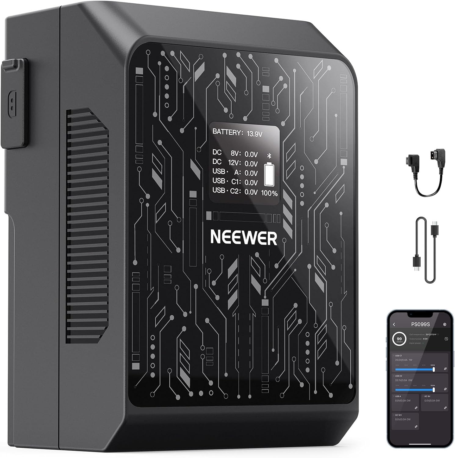 NEEWER Smart Mini V Mount Battery NEEWER APP Control, 6800mAh 99Wh 14.5V with 100W PD Fast Charging, OLED, Dual USB C/D Tap/BP/USB A/Dual DC Ports, Compatible with BMPCC 4k 6k Camcorder Camera, PS099S