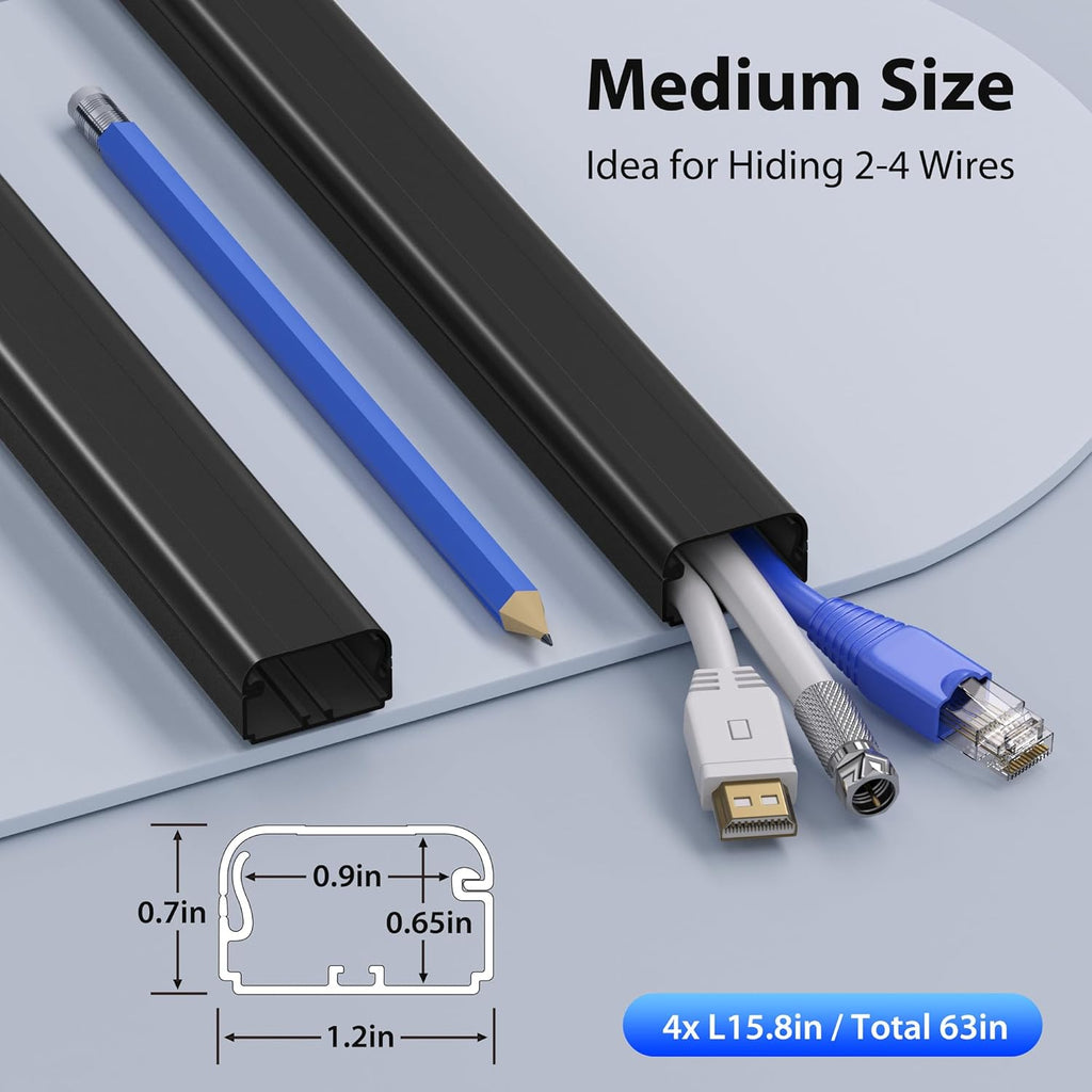 ZhiYo Large Capacity Wire Hiders for TV on Wall for 2-4 Cords, 63in (4xL15.8in) PVC Cable Cover with Adhesive Tape, Snap and Lock Design for Wall Mounted TV, Black Cord Covers for Wires on Wall