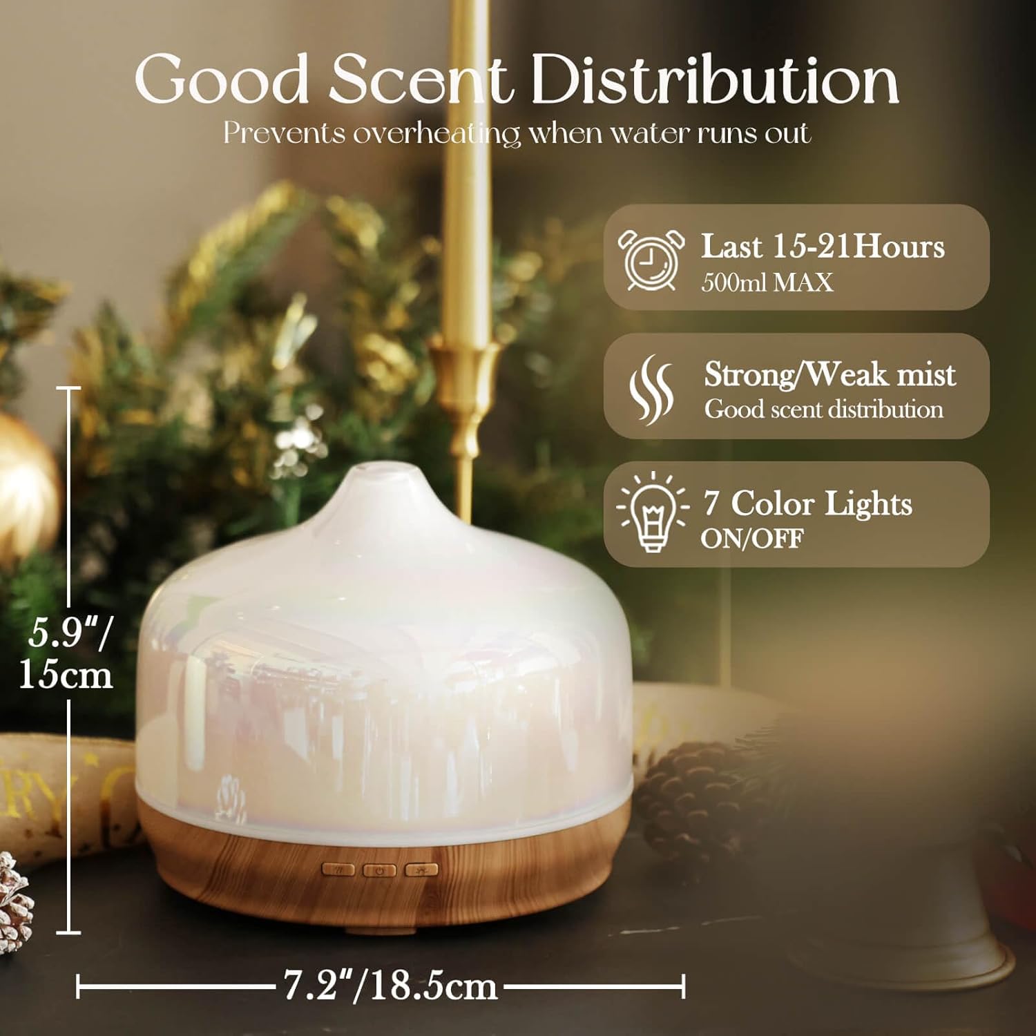 Porseme 500ml Glass Essential Oil Diffuser Aromatherapy Ultrasonic Cool Mist Humidifier 15-21 Running Hours Waterless Auto-Off Air Diffusers for Sleeping Yoga Office Working Spa and Rest (White Jade)