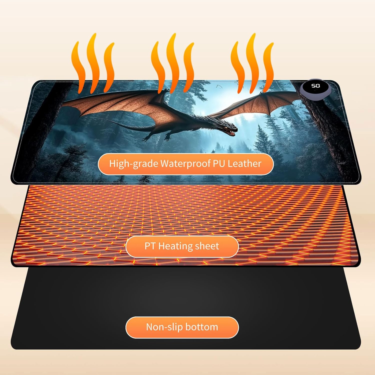 Heated Mouse Pad for Desk 31.5" x 13" – PU Leather Warm Desk Pad with 3 Heat Levels (104°F/113°F/122°F), Plug-in Electric Heating Mat with Auto Shut-Off, Waterproof & Rollable, Flying Dragon
