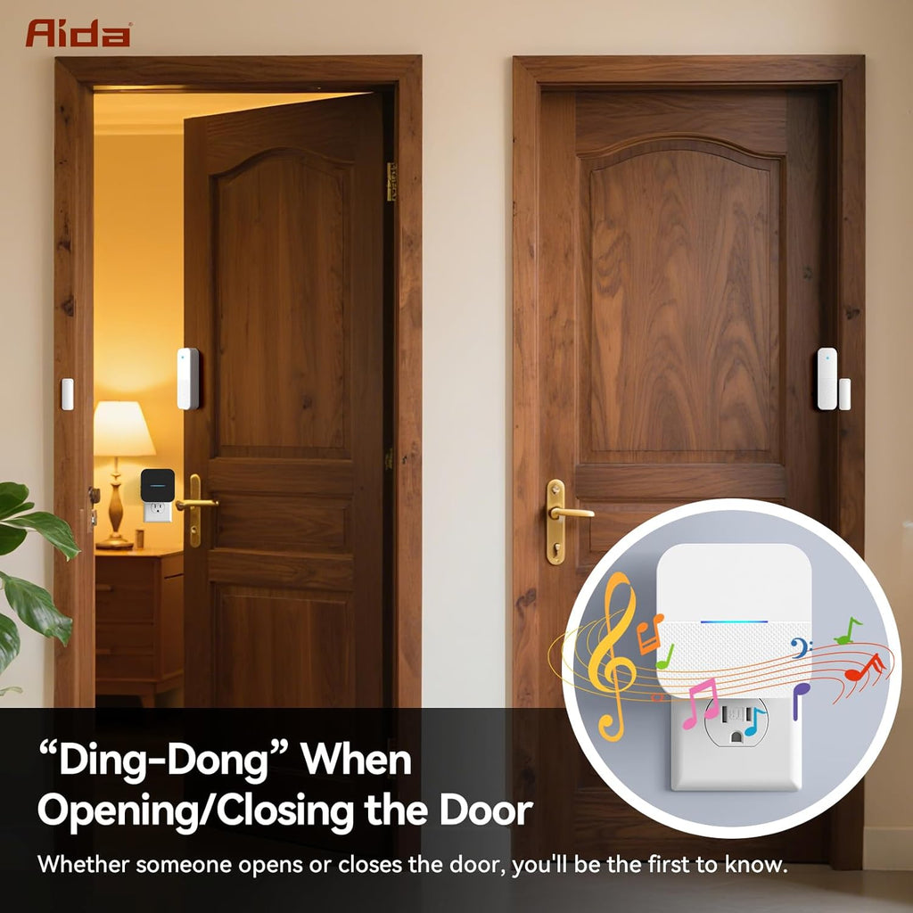 AIDA Door Alarms When Opened Wireless Ring Chime Sensor Alarm for Business/Home/Kids - 600ft Range, 58 Ringtones, 5 Volume Levels, Open Alert, Easy Install (1 Receiver + 3 Sensor)