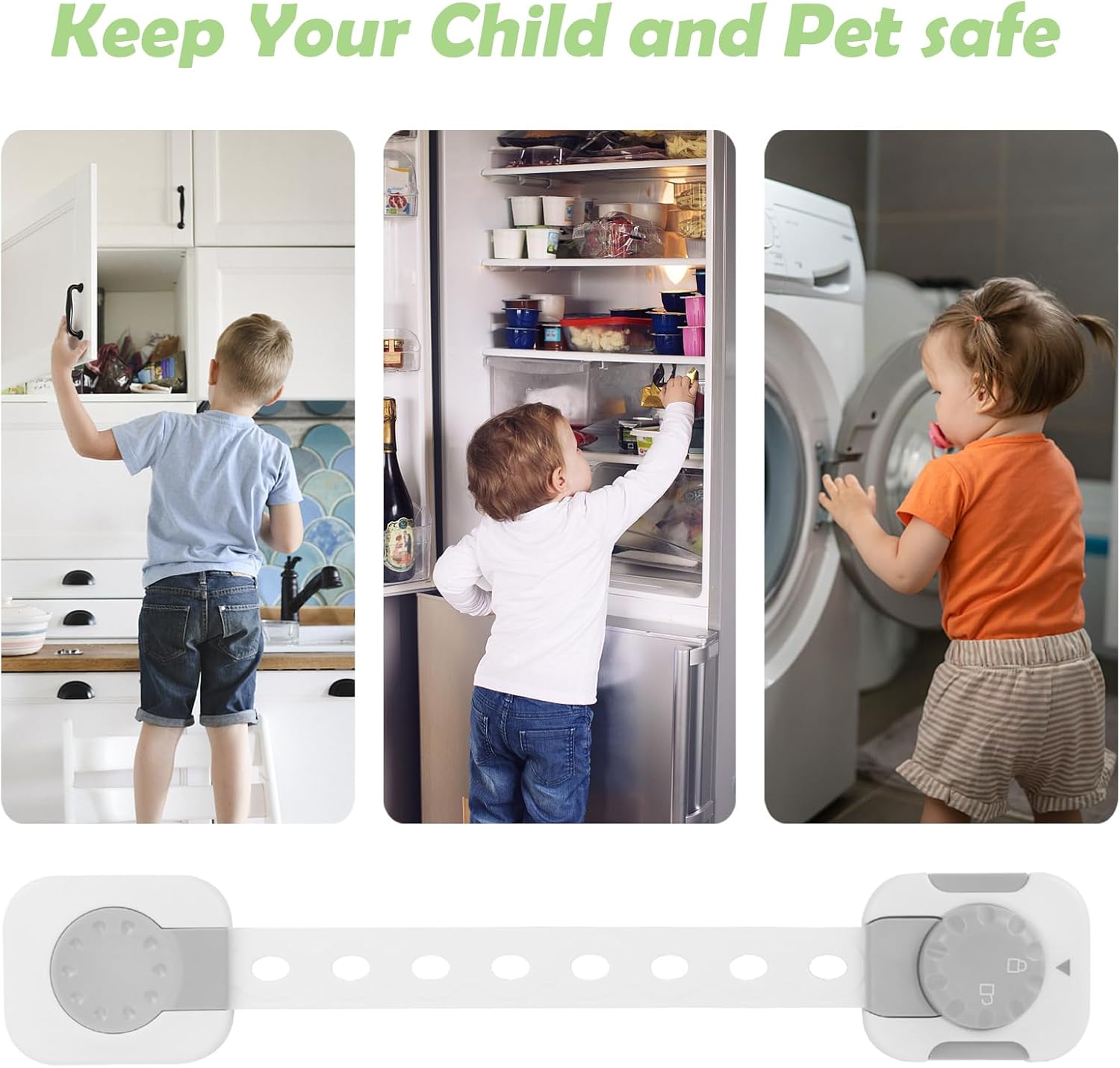 Songaa Child Safety Cabinets Strap Locks 4 Pack - Adjustable Baby Proofing Cabinet Latches for Drawers, Oven, Dishwasher, Fridge, Toilet Seat, Trash Can, with 3M Adhesive Pads - Gray