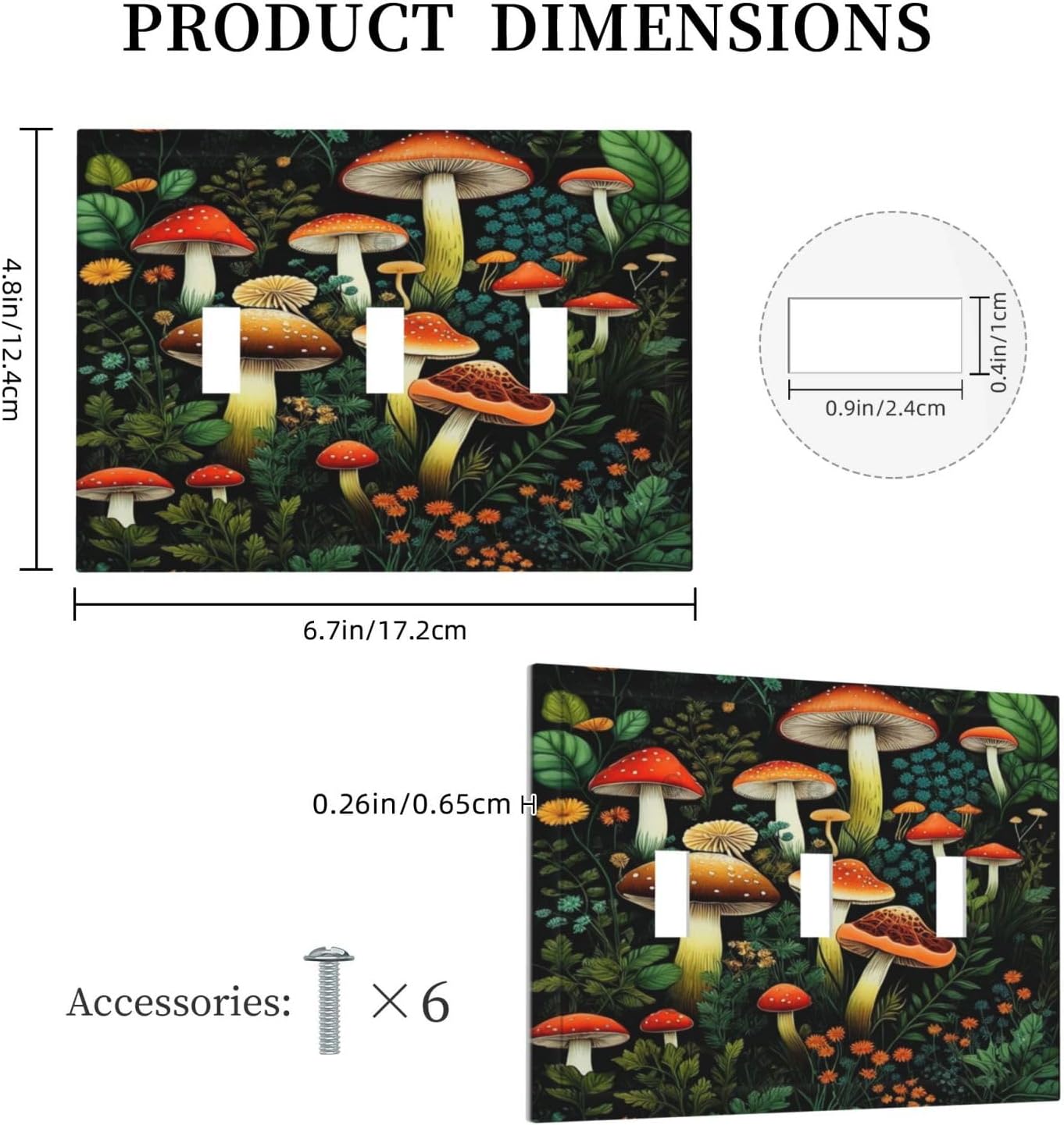 Decorative Light Switch Plate Covers Boho Red Mushroom Green Leaf Plants Floral 3 Gang Wall Plate Switch Cover Plate Triple Toggle Jumbo Electrical Faceplate for Bedroom Home Decor