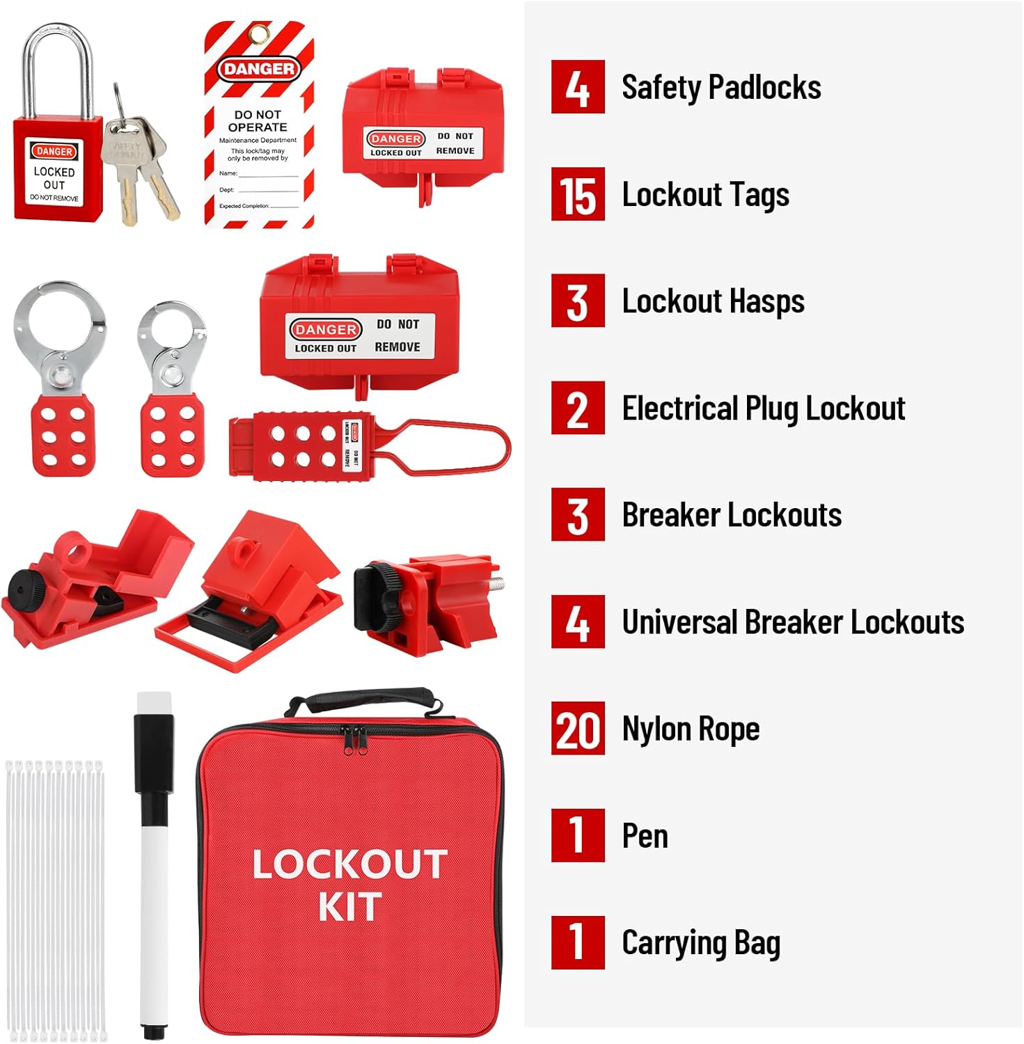 Lockout Tagout Kit Electrical Loto 33Pcs - Safety Padlocks Clamp-On Circuit Breaker Lockout, Group Lockout Hasps, Lockout Tag, Universal Multi- Pole Breaker and Red Carrying Bag