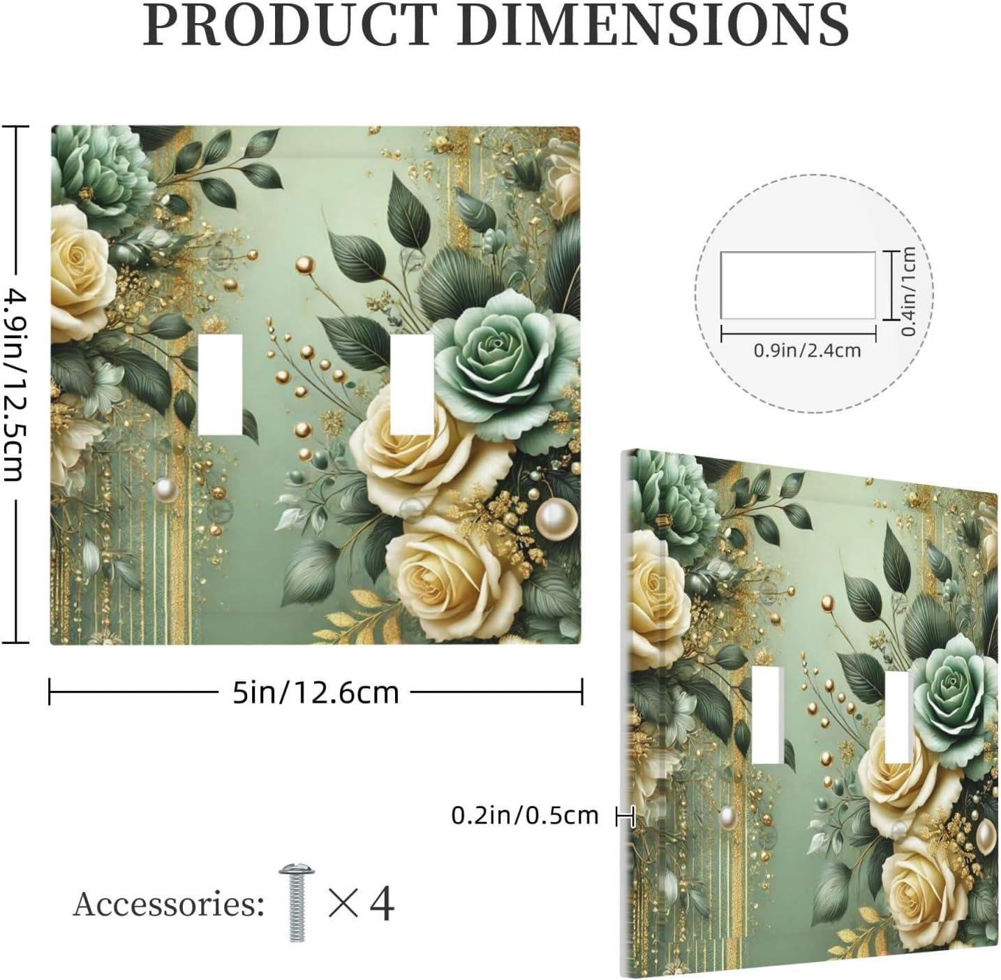 Decorative Light Switch Cover Plate Rustic Green Floral Leaves Teal Flowers Gold Stripe 2 Gang Wall Plate Oversized Double Toggle Two Switch Wall Cover Plate Device Faceplate