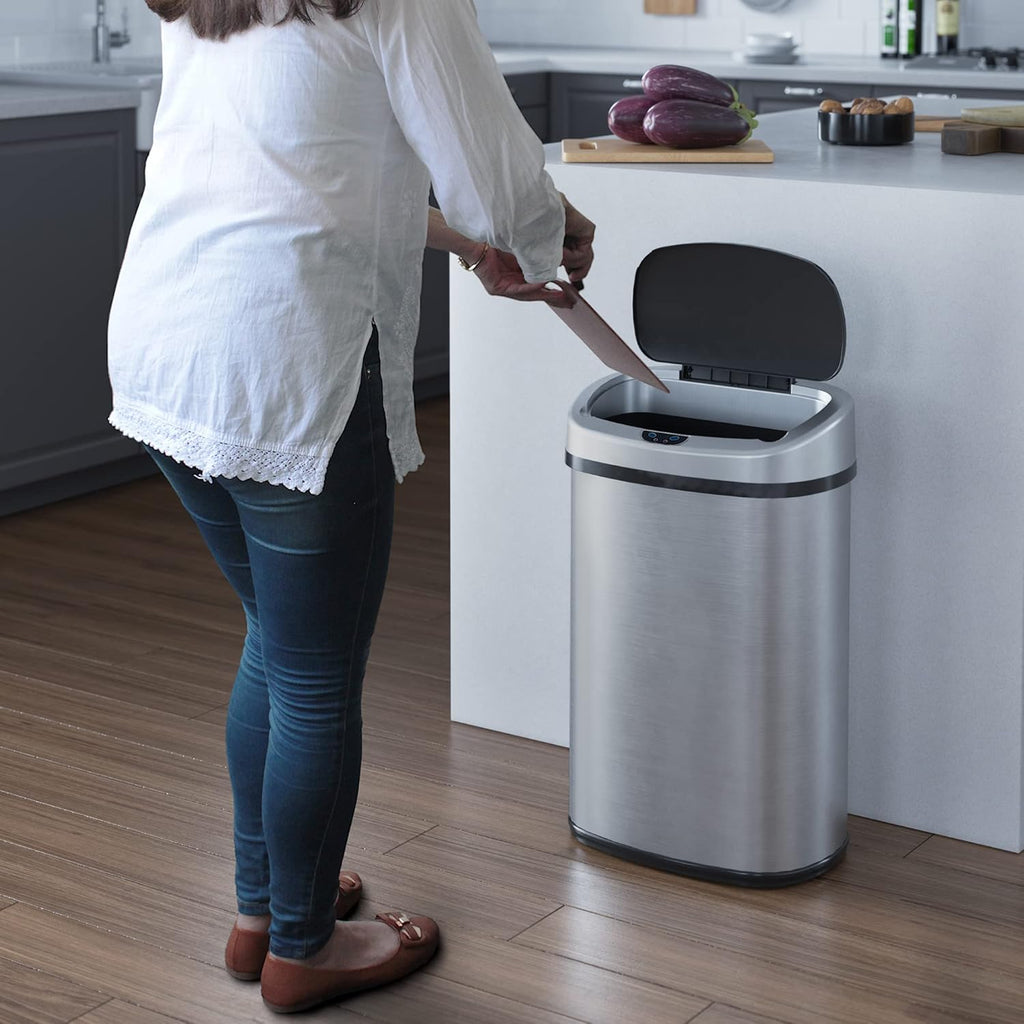 SensorCan 50 Liter / 13 Gallon Kitchen Trash Can with AC Adapter & Odor Filter – Motion Sensor Stainless Steel Garbage Bin for Home, Office, Garage – Slim Oval Shape, Large Capacity Design